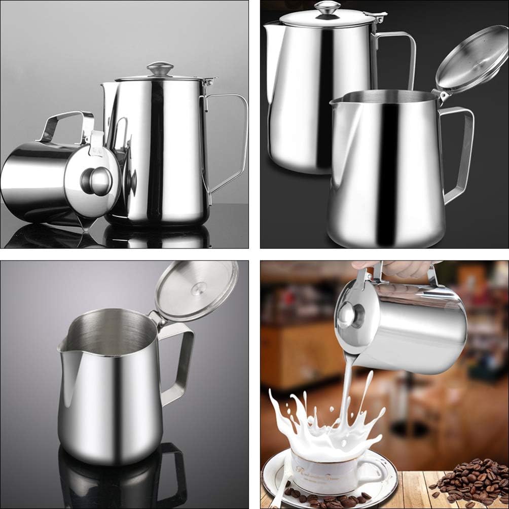 BESTonZON Milchkännchen Edelstahl Sahnekännchen mit Deckel 350 ML Aufschäumen Milch Kaffee Mokka Cap