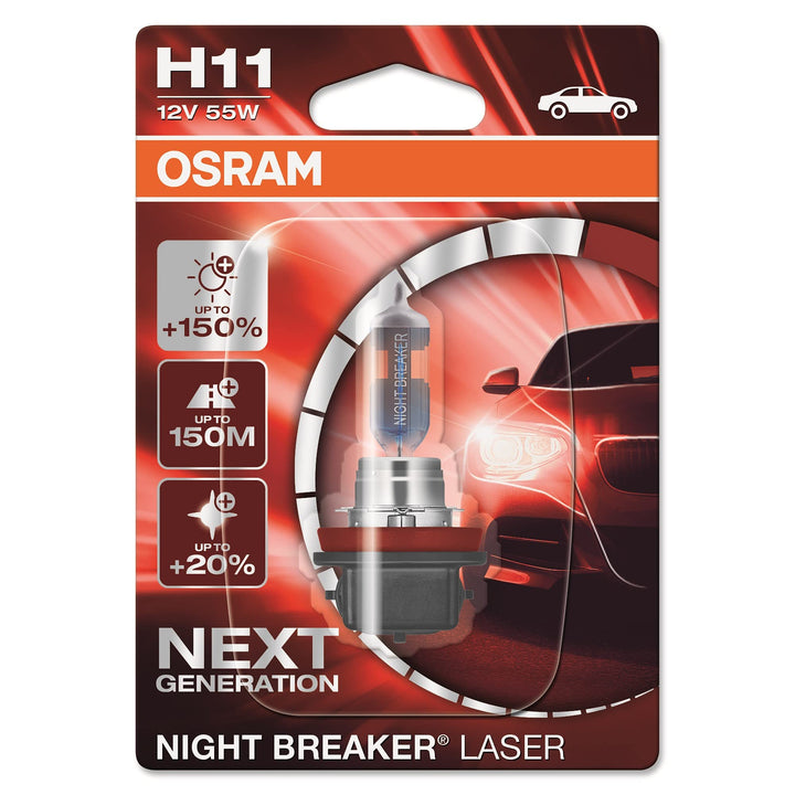 OSRAM NIGHT BREAKER LASER H11, +150% mehr Helligkeit, Halogen-Scheinwerferlampe, 64211NL-01B, 12V PK