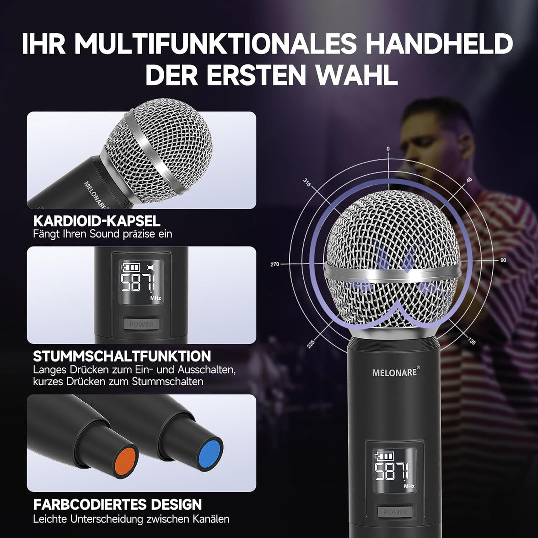 Dual Channel Wireless Microphone System, MELONARE Auto-Scan Professionelles schnurloses dynamisches
