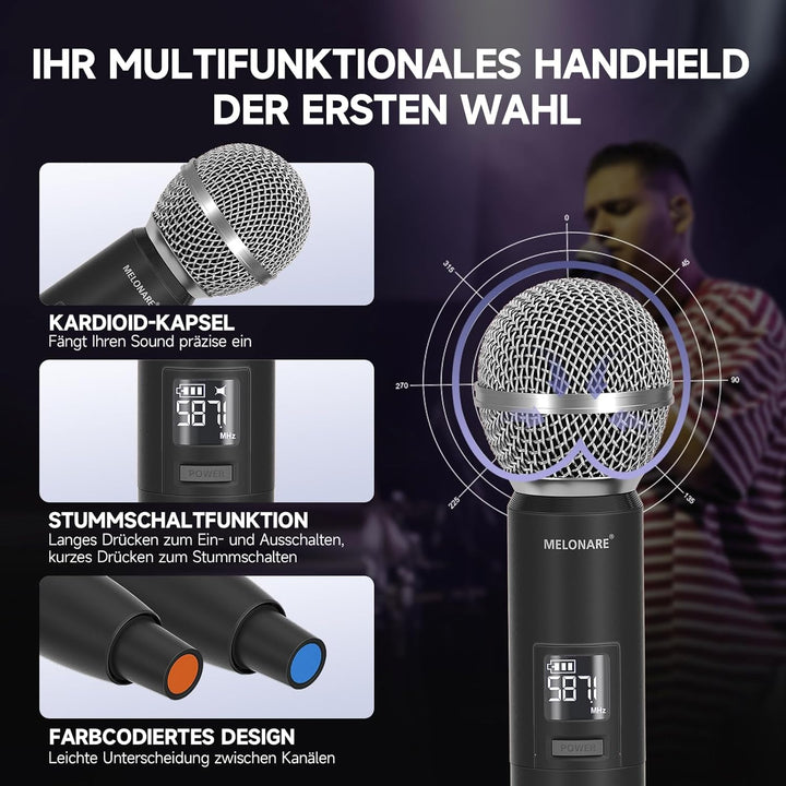 Dual Channel Wireless Microphone System, MELONARE Auto-Scan Professionelles schnurloses dynamisches