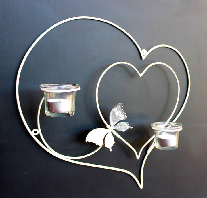 DanDiBo Wandteelichthalter Herz 39 cm Weiss Teelichthalter Metall Wandleuchter Kerze