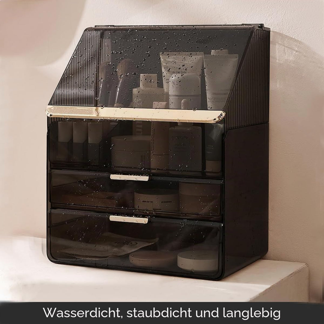 Grosse Make-up-Aufbewahrungsbox, 3-stöckig – Kosmetik-Organizer für die Theke mit Deckel, Schminktis