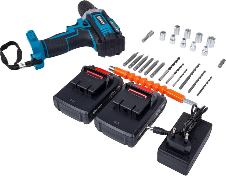 Akkuschrauber 21V (35 Nm) – Akku-Bohrschrauber Set mit 2 x 2,0Ah Akkus, 2-Gang, LED-Licht, Wasserwaa