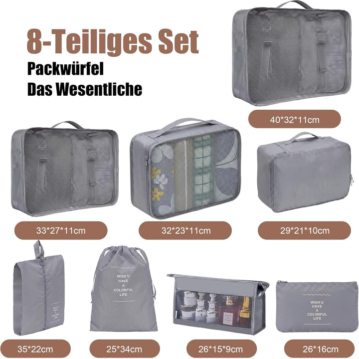 Packing Cubes 8er Set Koffer Organizer Packwürfel Set wasserdicht | Leichte Reise Packtaschen für Ko