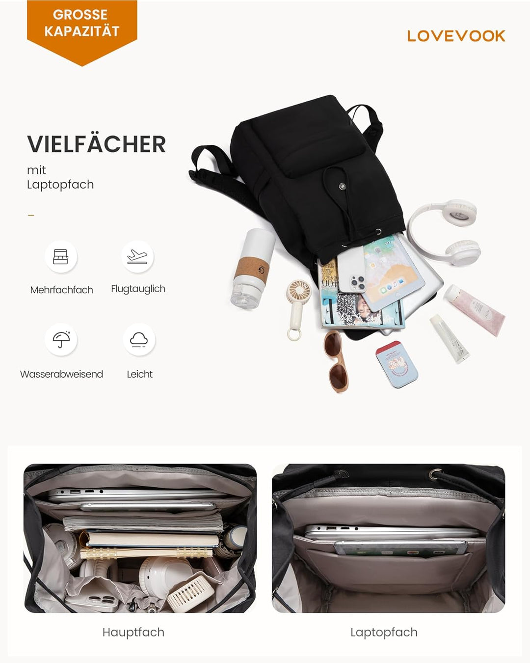LOVEVOOK Rucksack Damen, Leichter Schulrucksack Teenager mit Laptopfach, 17.3 Zoll School Backpack W
