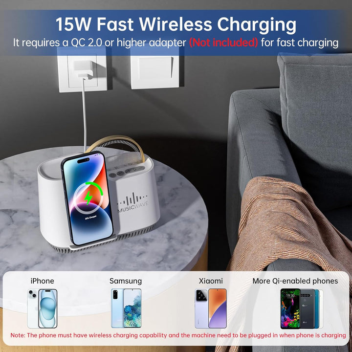 Bluetooth Lautsprecher mit Nachtlicht und Wireless Charger, Touch Dimmbar Nachttischlampe mit Gibt 5