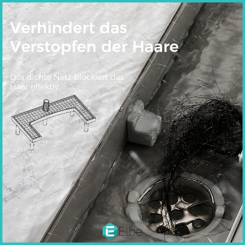 Elbe Duschrinne 90cm Extra Flach 304 Edelstahl Bodenablauf mit 3-reihig-Schlitzm Muster Glasabdeckun