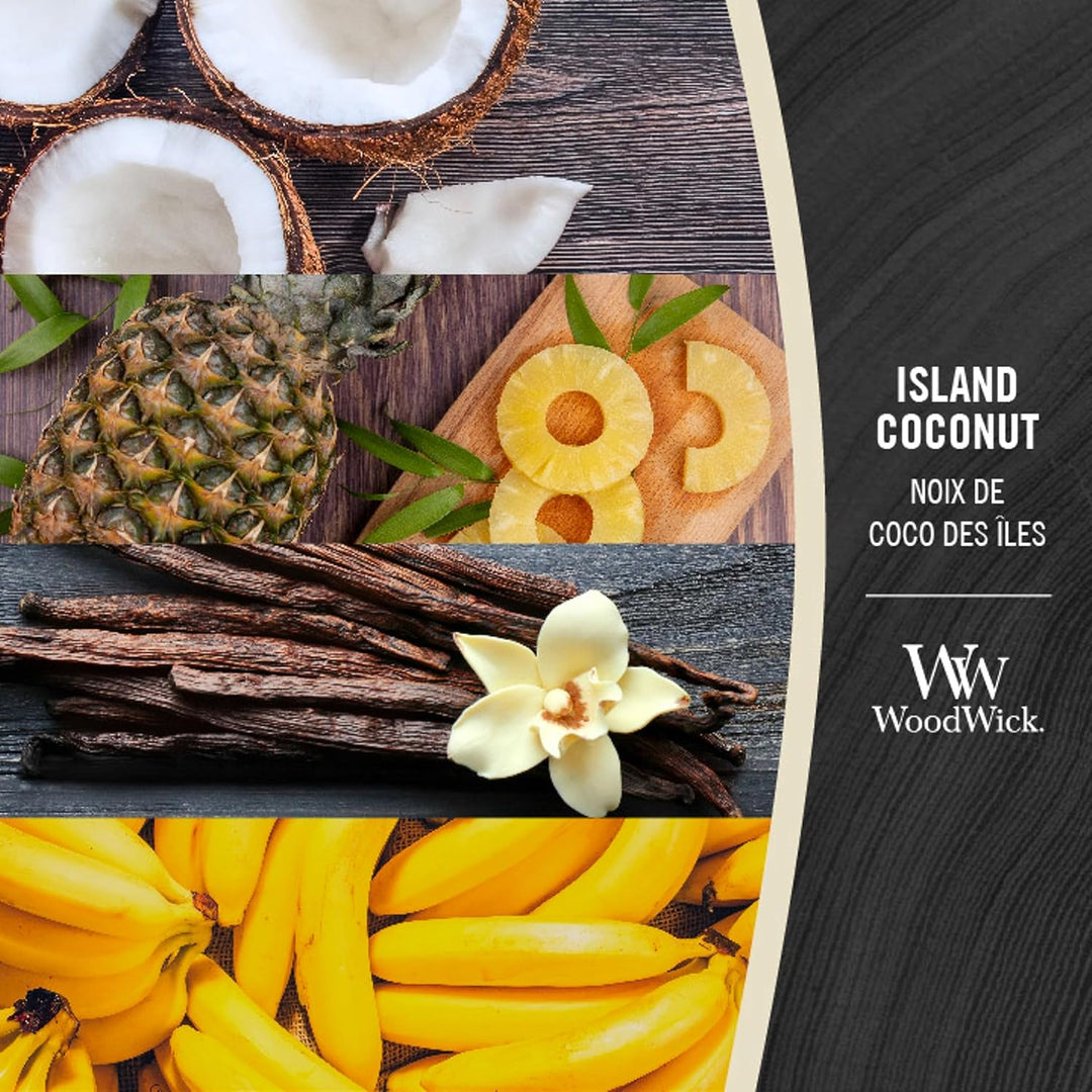 WoodWick mittelgrosse Duftkerze im Sanduhrglas mit knisterndem Docht | Island Coconut | Brenndauer b