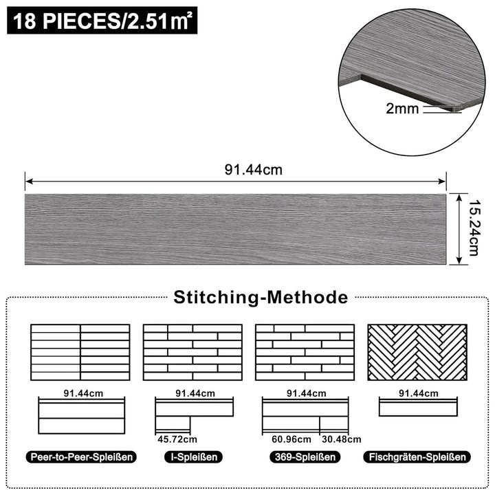 Aufun PVC Bodenbelag Vinylboden Selbstklebend 18 Stück 2.51m², Holzmaserung Bodenfliesen mit Holz-Op