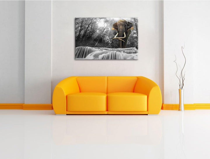 riesiger Elefant am Bach schwarz/weiss Format: 100x70 auf Leinwand, XXL riesige Bilder fertig gerahm