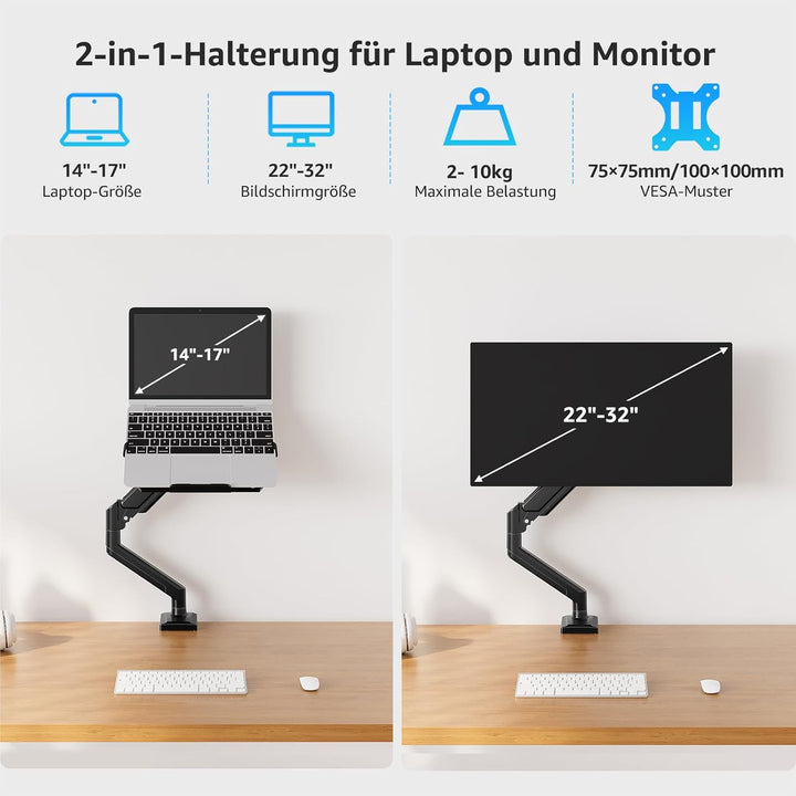 MOUNTUP Monitor Halterung mit Laptopablage, 2 in 1 verstellbare Laptop Armhalterung für 14-17 Zoll-N