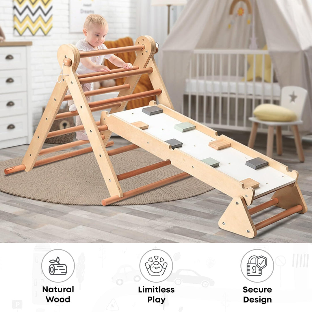 Mamabrum Holzspielplatz für Kinder – Klettergerüst, Dreieck, Leiter & Balancierpfad – 3-in-1 Multifu