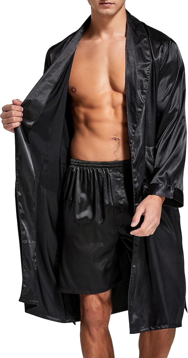 Herren Satin Bademantel, Leichter Seiden Langarm Bademantel mit Shorts Set, Spa Kimono Nachtwäsche M