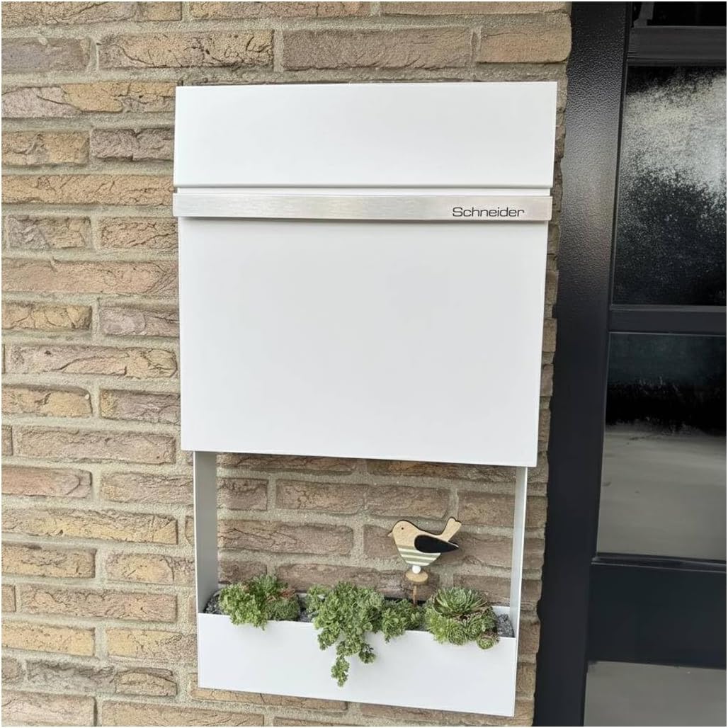Metzler Briefkasten mit Zeitungsfach Weiss - Personalisiert mit Edelstahl V2A Namensschild - Pulverb