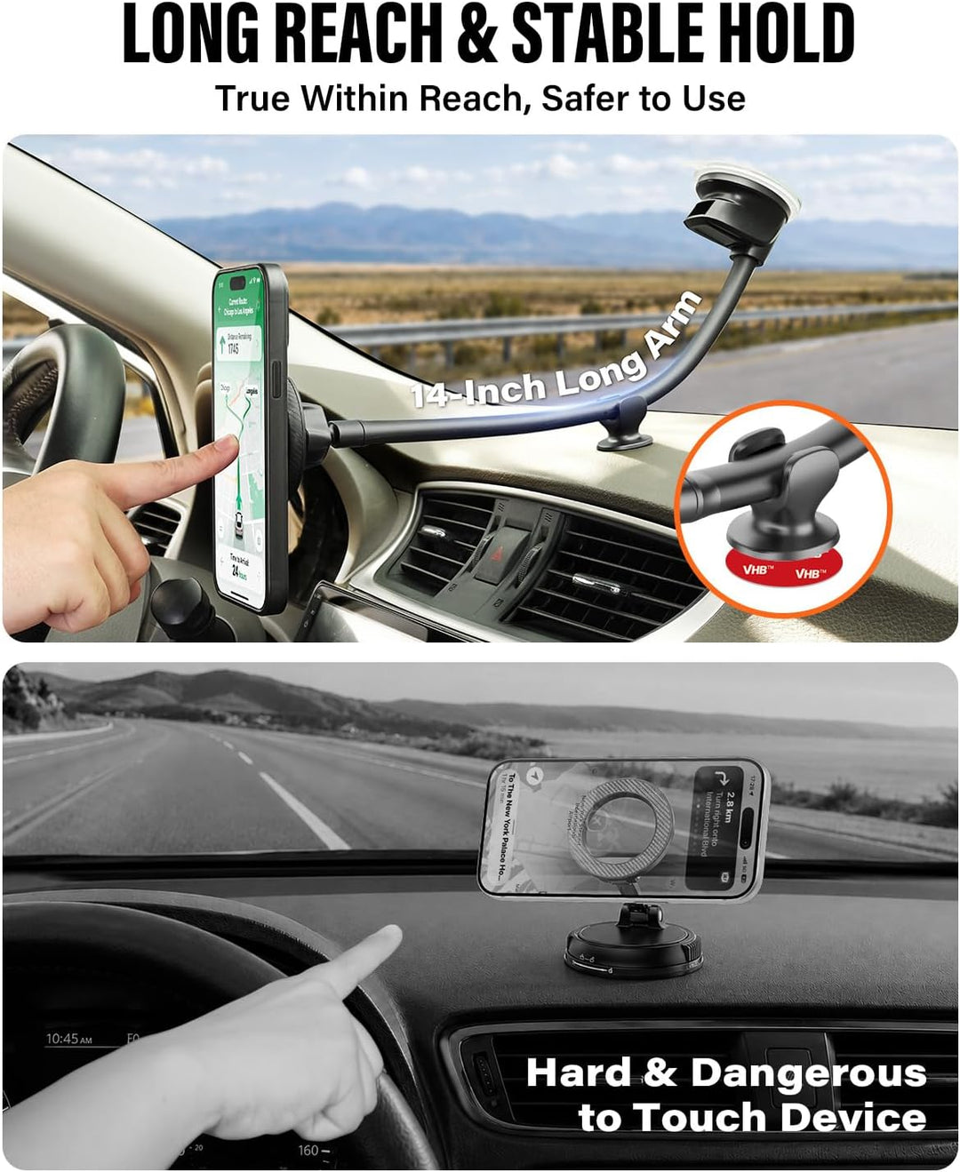 APPS2Car Magnetische Kfz-Handyhalterung für MagSafe – langer Arm 33 cm mit starkem Saugnapf für Wind