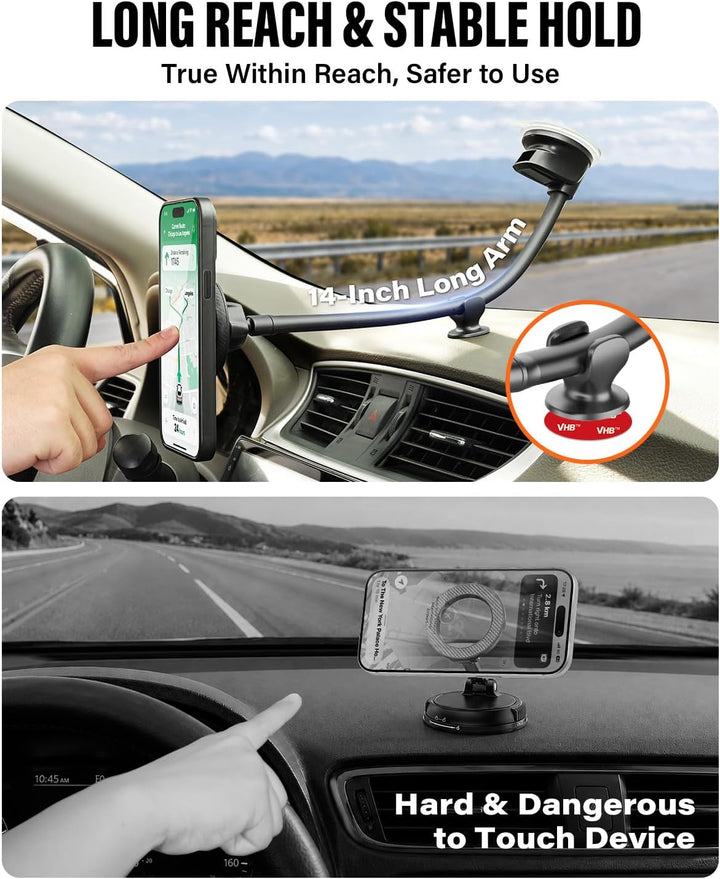 APPS2Car Magnetische Kfz-Handyhalterung für MagSafe – langer Arm 33 cm mit starkem Saugnapf für Wind
