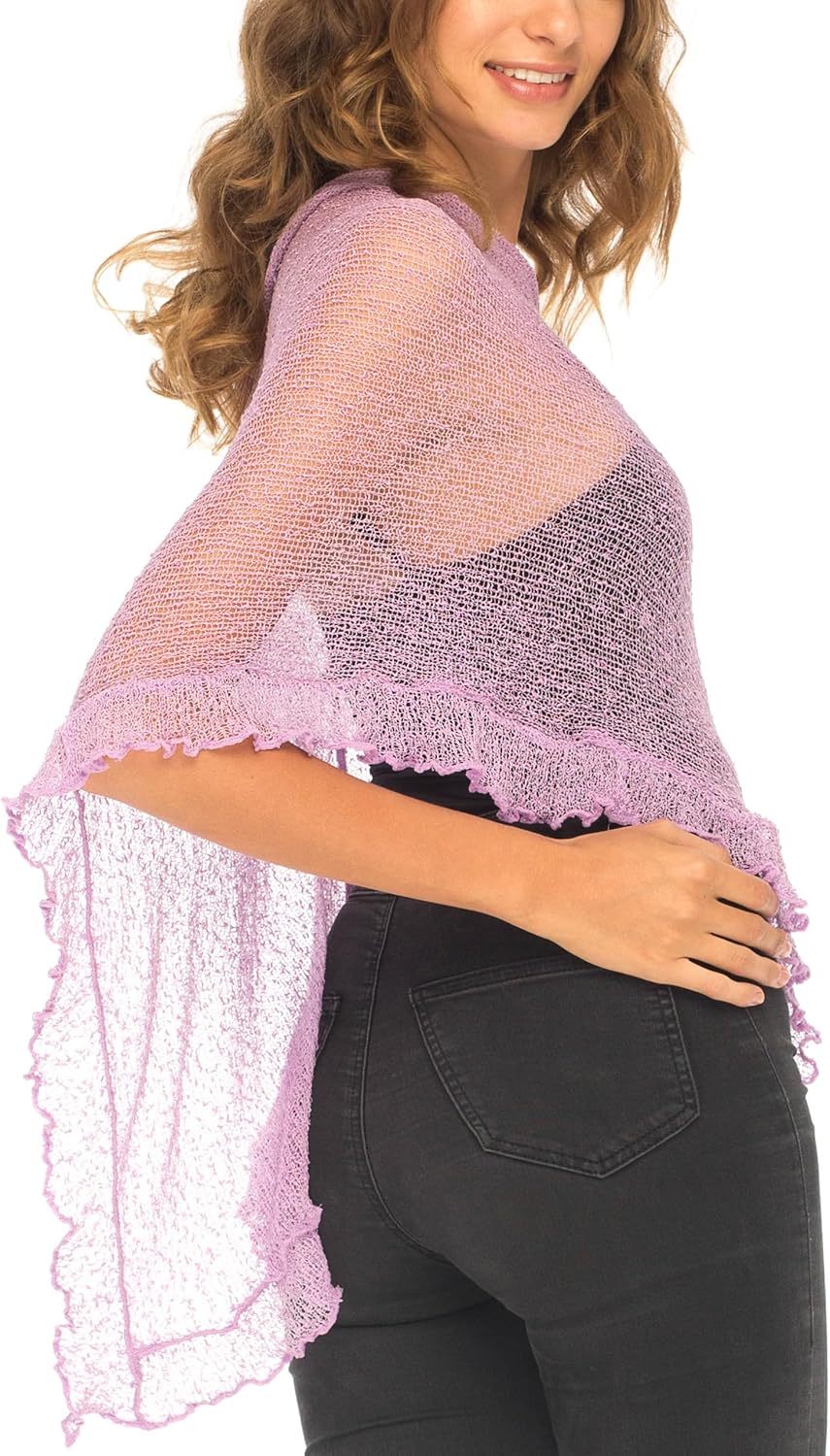 SHU-SHI - Damen Poncho-Top mit Rüschen - transparent - leichtes Strickmaterial Lavendelfarben, Laven