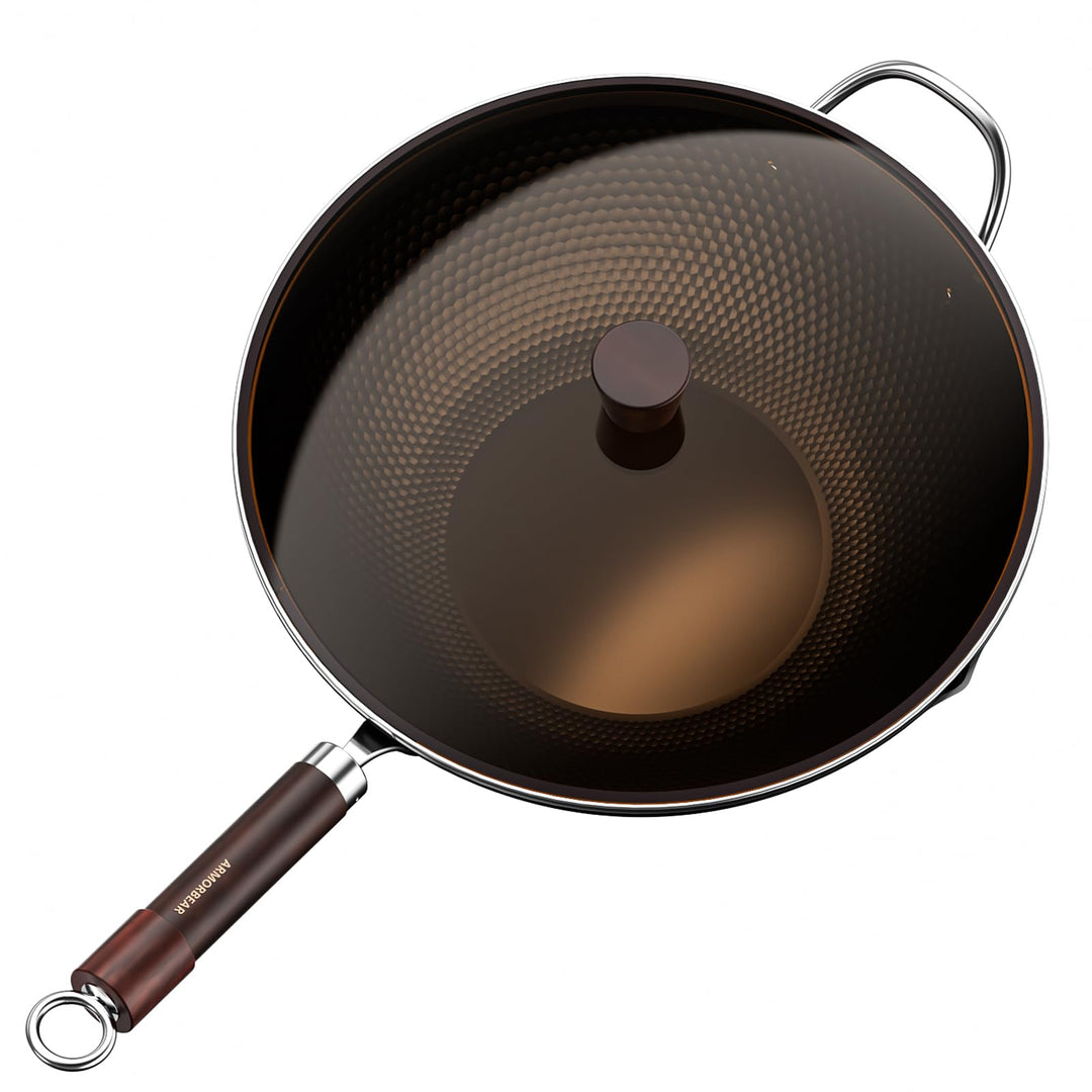34 cm Wokpfanne aus Karbonstahl, Tripol-Nitrierte, vorgebrannte Woks mit flachem Boden, antihaftbesc