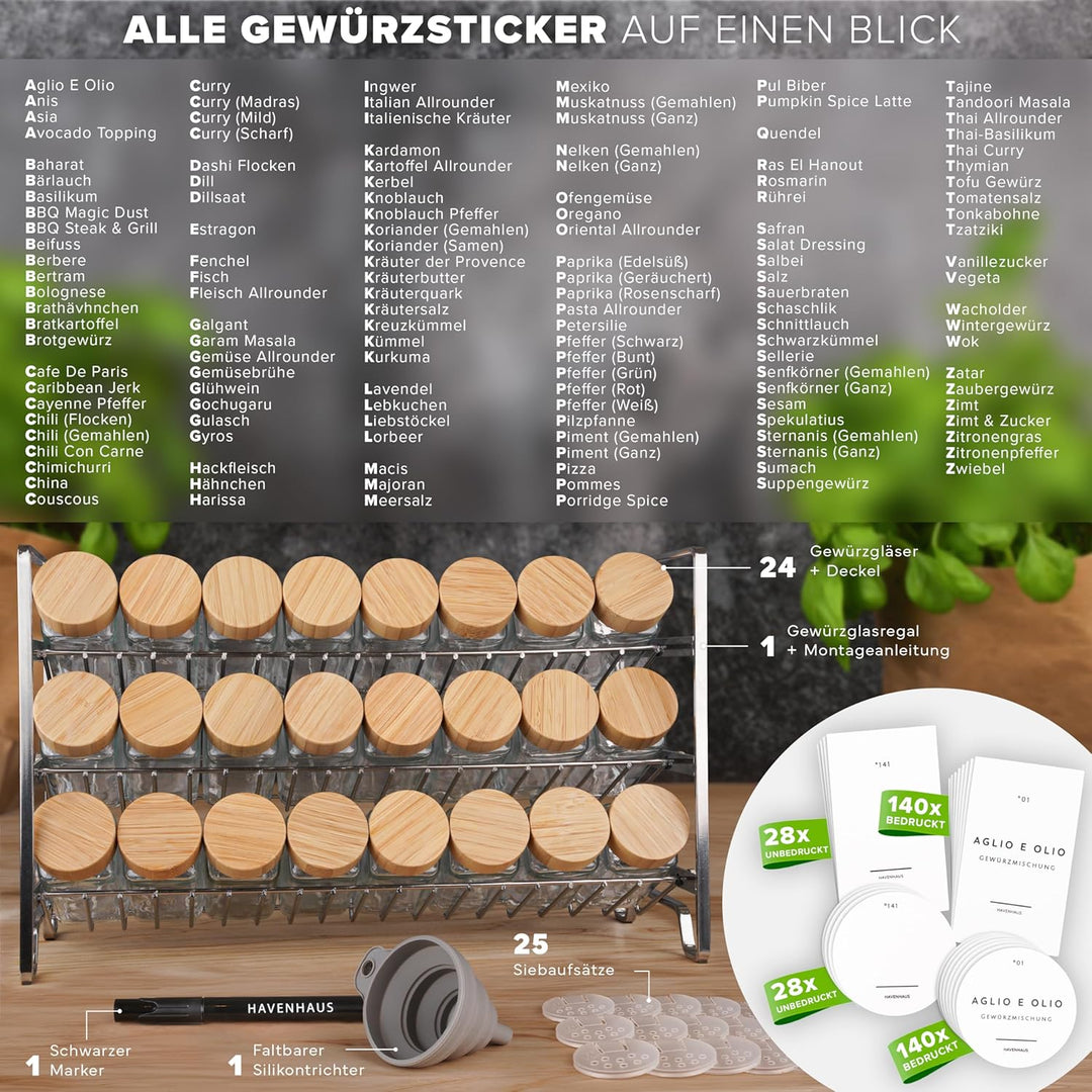 Havenhaus Gewürzregal Set Edelstahl | Gewürzregal stehend inkl. 24 Gewürzgläser+ 336 Gewürzetiketten