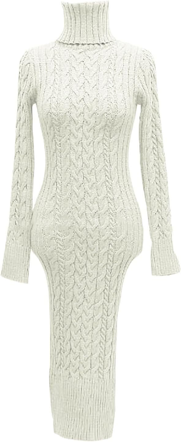 Generisch 2025- für Damen gestrickte figurbetonte Midi-Pullover-Kleider Cardigan Mit Damen (White M)