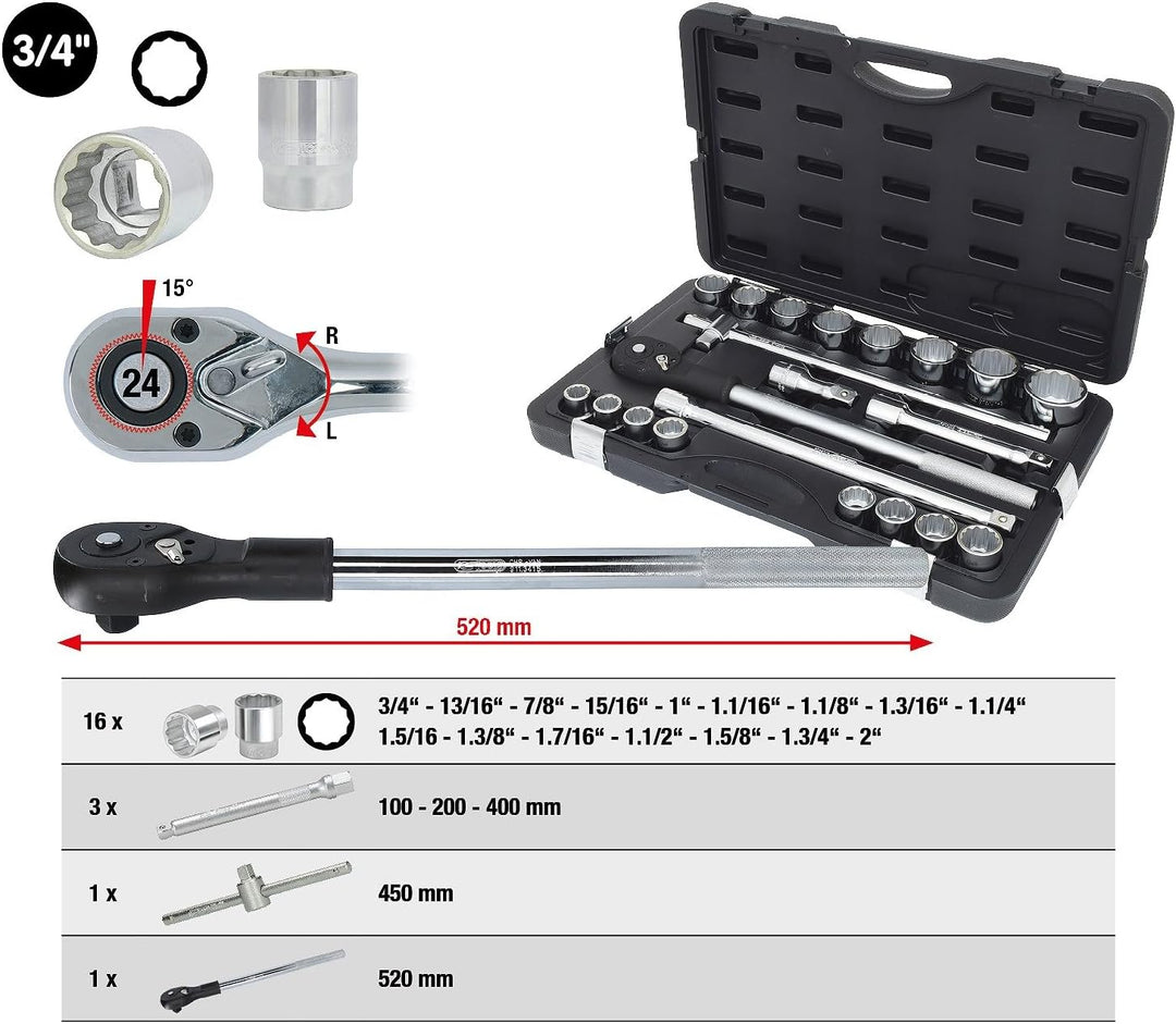 KS Tools 911.0751 3/4 Zoll 12-Kant Steckschlüssel-Satz | inklusive Umschaltknarre, 24-Zahn | matt sa