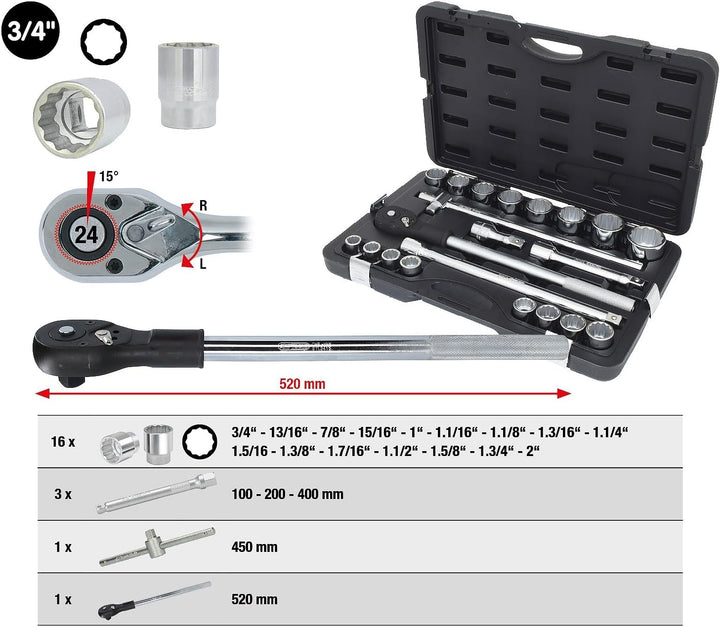 KS Tools 911.0751 3/4 Zoll 12-Kant Steckschlüssel-Satz | inklusive Umschaltknarre, 24-Zahn | matt sa