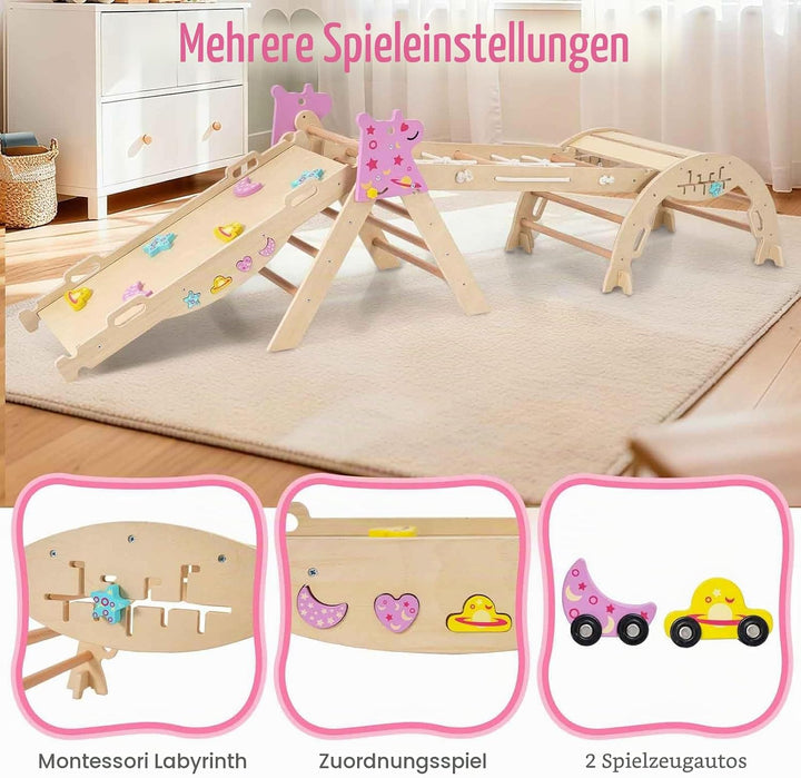 HOMASIS 4 in 1 Kletterdreieck mit Kletternetz, Kletterbogen, Wippe & Leiter, Klettergerüst mit doppe