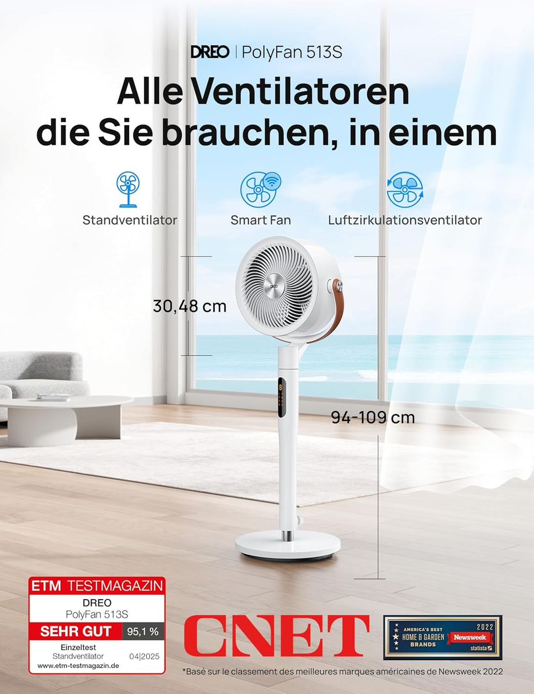 Dreo 25dB leiser Smart Standventilator, 30M Windentfernung 1500m³/h Luftvolume Turbo-Luftzirkulator