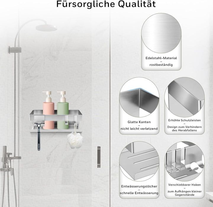 Duschregal Ohne Bohren – Badablage (23 x 10 x 8 cm) mit zwei Haken und Rasiererhalter, zwei Montagem