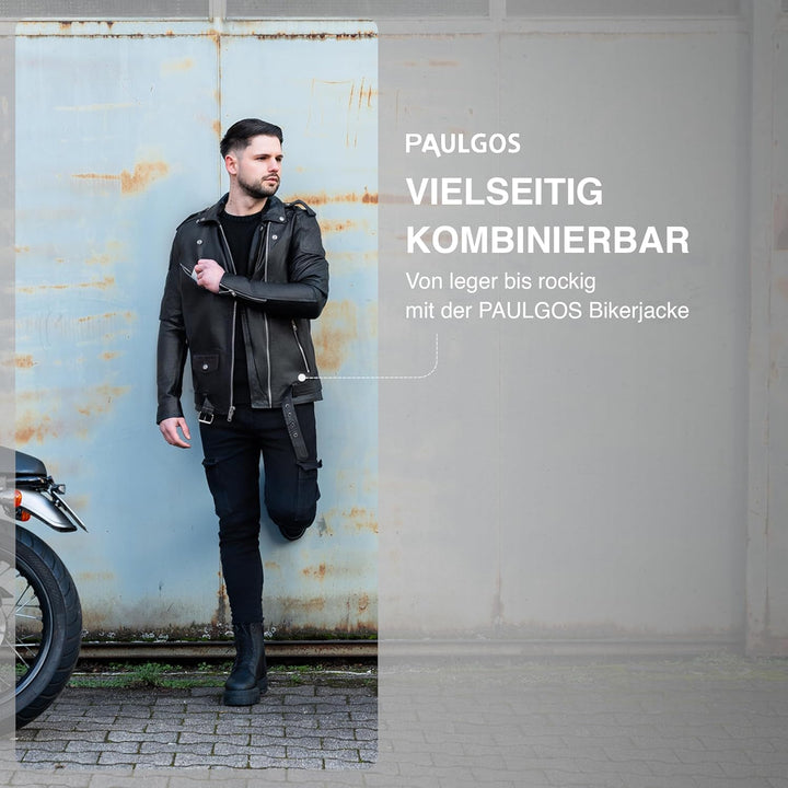 PAULGOS Herren Biker Lederjacke Echtes Leder Jacke Echtleder in 3 Farben Gr. S-5XL (XXL, Schwarz)
