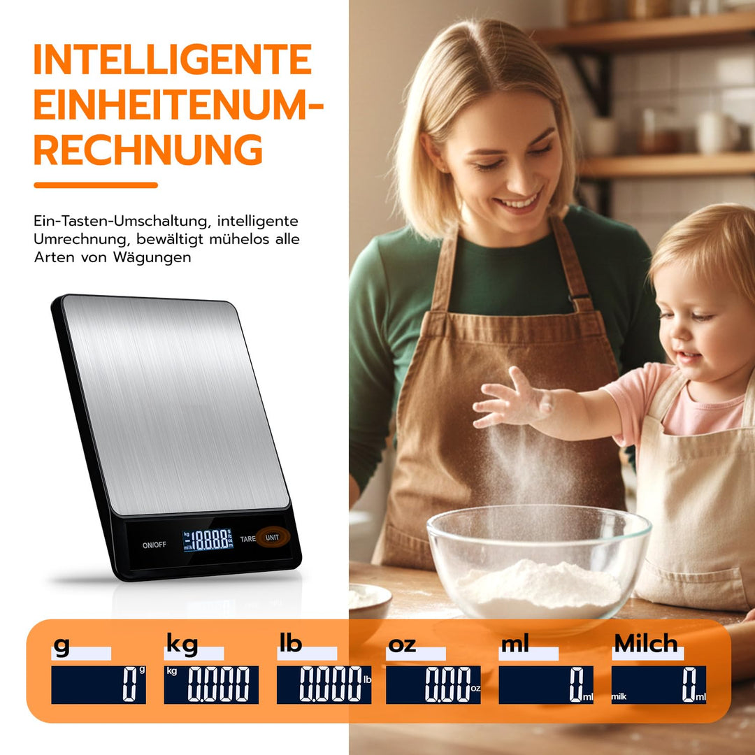 Wigearss 15kg/1g Küchenwaage Digital, Küchen Feinwaage mit 6 Einheiten, Tara Funktion