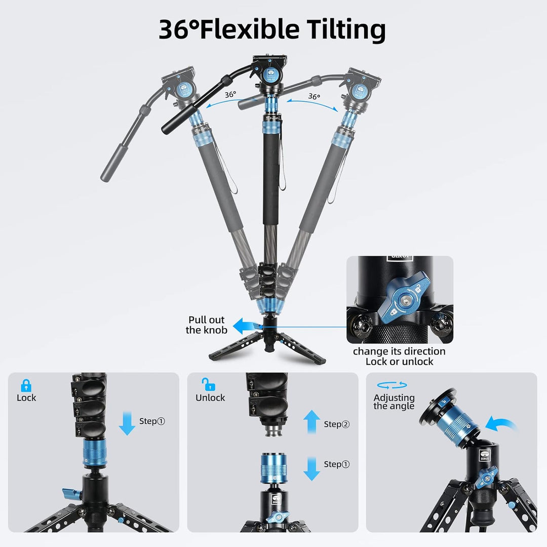 SIRUI P-424FL 199.3CM Kohlefaser-Kamera-Einbeinstativ mit VH-10 Fluid-Videokopf, professionelles Sch