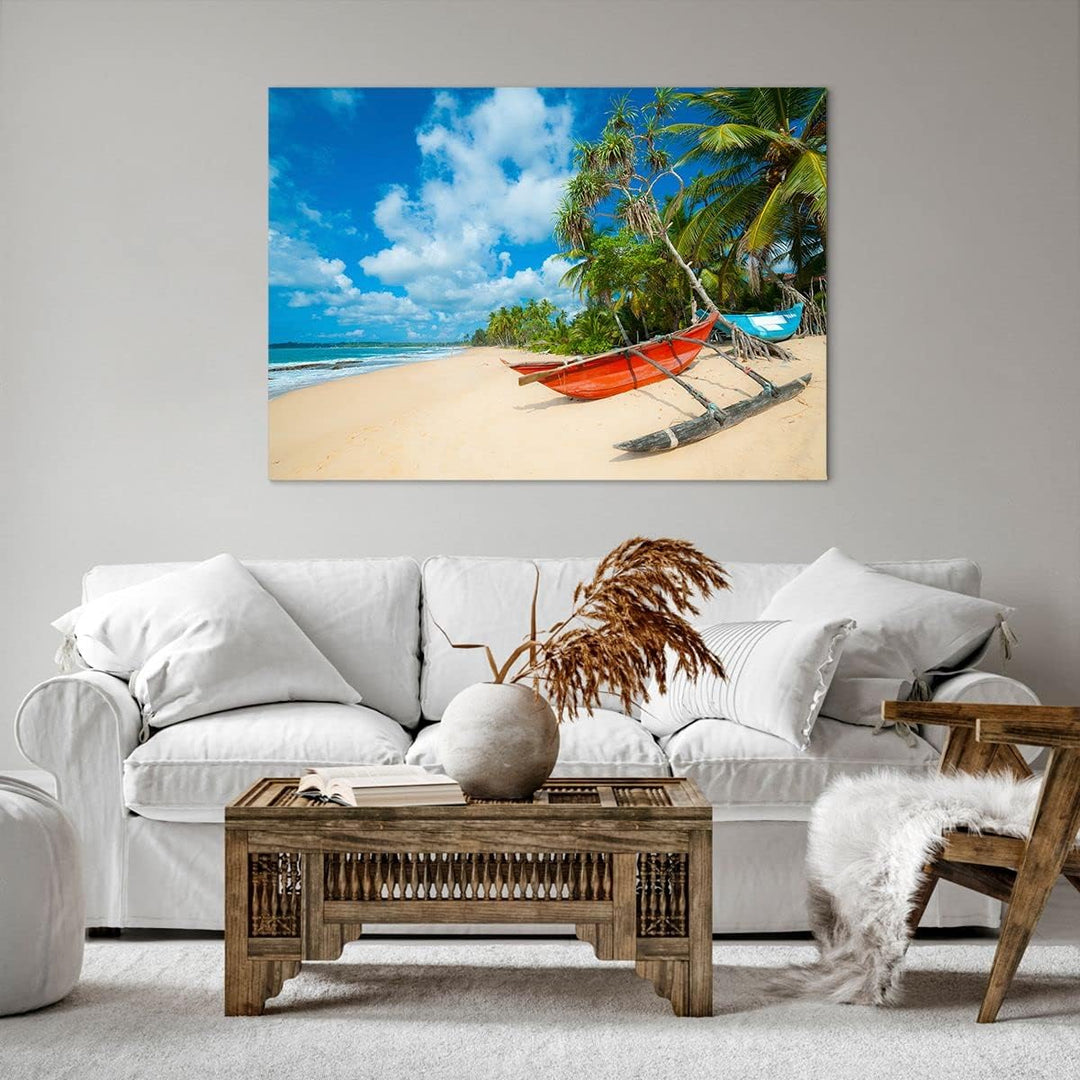 ARTTOR Bilder auf Leinwand 100x70cm Leinwandbild Golf Ozean Palme Boot Gross Wanddeko Bild Schlafzim