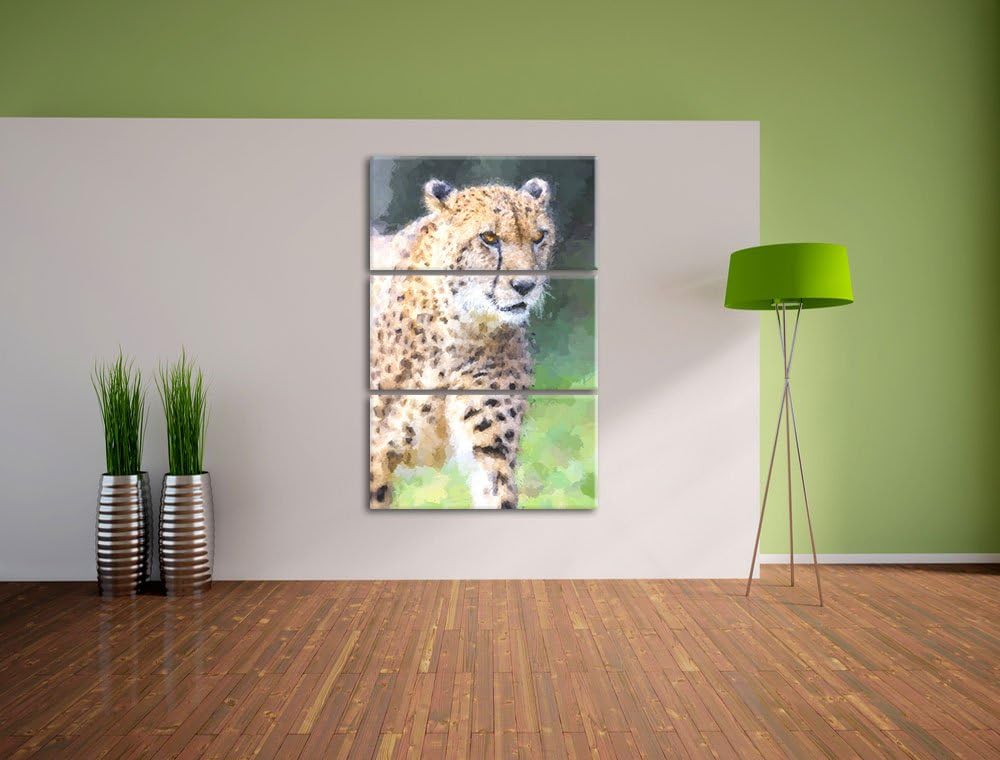 lauernder Gepard auf Wiese Spezial 3-Teiler Leinwandbild 120x80 Bild auf Leinwand, XXL riesige Bilde