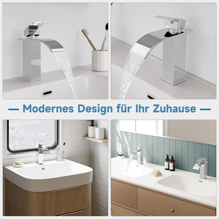 Wasserhahn Bad Chrom, Wasserfall Wasserhahn Einhebelmischer Waschbecken, Einloch-Waschtischarmatur E