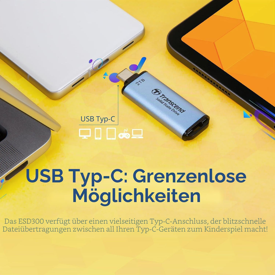 Transcend Portable SSD ESD300C 1TB USB Typ-C 10 Gbit/s PS4/PS5-kompatibel, Blau – TS1TESD300C