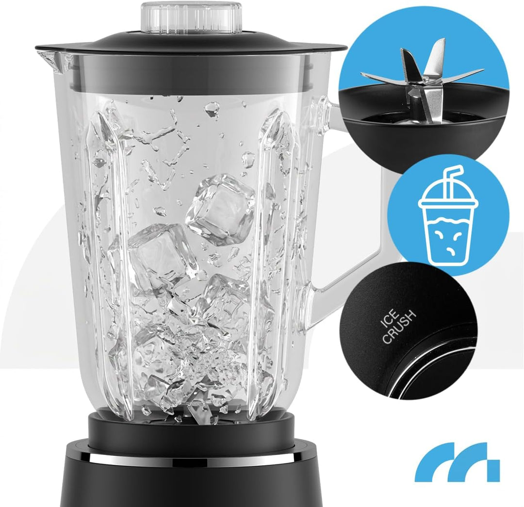 MalTec Standmixer Glas 1,5 L mit 500 ml To-Go-Flasche, 1000 W Motor, 6 Edelstahlklingen, 2 Geschwind