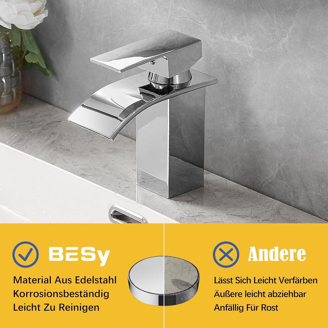 BESy Wasserfall Waschtischarmatur aus Edelstahl, Waschbecken Wasserhahn mit Auslauf Höhe 82mm, Einhe