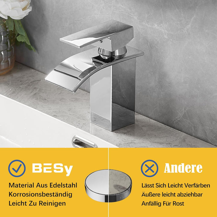 BESy Wasserfall Waschtischarmatur aus Edelstahl, Waschbecken Wasserhahn mit Auslauf Höhe 82mm, Einhe