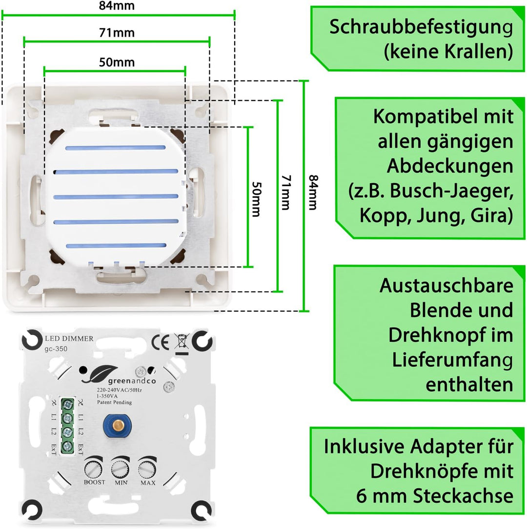 2x greenandco® gc-350 Unterputz LED und Halogen Dimmer 1-350 Watt, für Wechselschaltungen geeignet,
