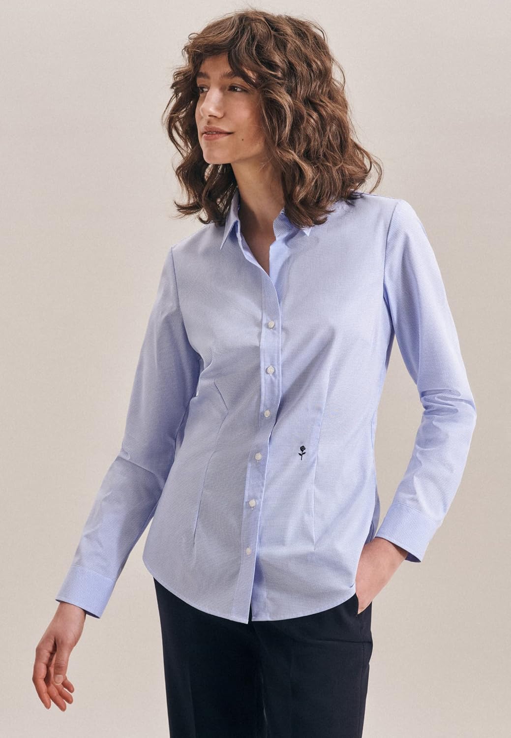 Seidensticker Damen Hemdbluse Langarm Slim Fit Gemustert Bügelfrei Bluse 36 Hellblau Karo, 36 Hellbl
