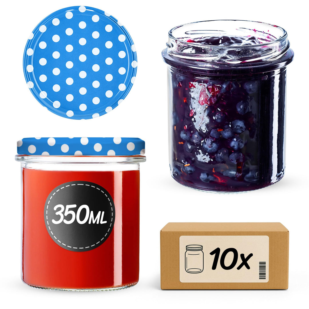 KADAX 10er Set Marmeladengläser 350ml TO82 Blau gepunktet, Einmachgläser Vorratsgläser Mason Jar mit