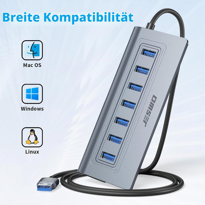 JESWO USB HUB mit Netzteil, Aluminium USB 3.0 Hub Aktiv mit 7-Port USB Verteiler 3.0 mit 5V/4A Netzt