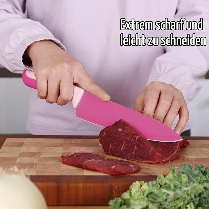 hecef 14-teilig Messerblock mit Messer, Pink, Antihaft-Beschichtung – Spülmaschinenfest, Messerblock