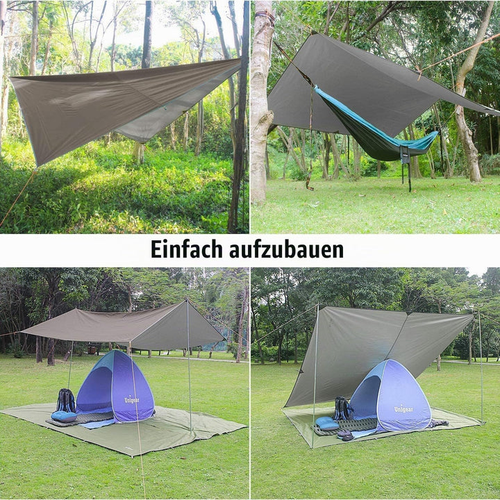 Unigear Tarp 3x3 3x4 3x5 4x4 wasserdicht, Zeltplane für Hängematte mit Ösen + 6/8 Erdnägel + 6/8 Sei