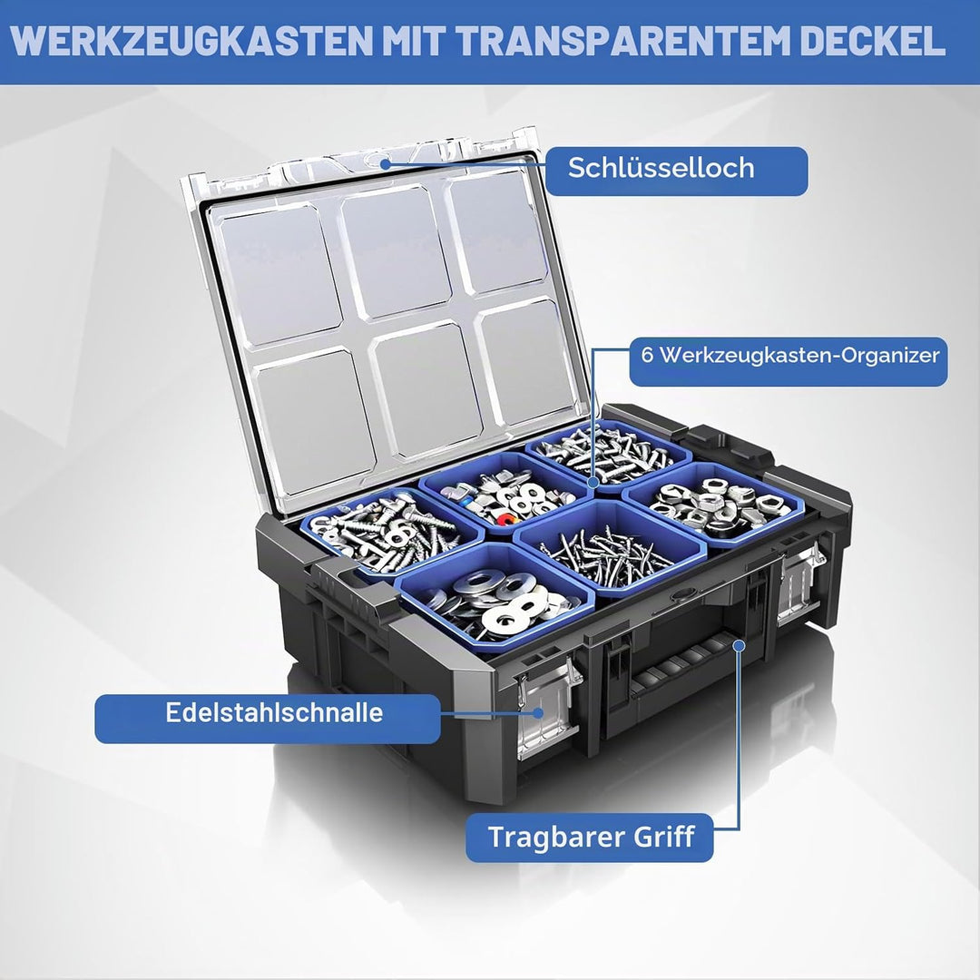 AIRAJ 43 CM Werkzeugkoffer mit transparentem Deckel,Stapelbarer Werkzeugkoffer Leer,Modulare Werkzeu