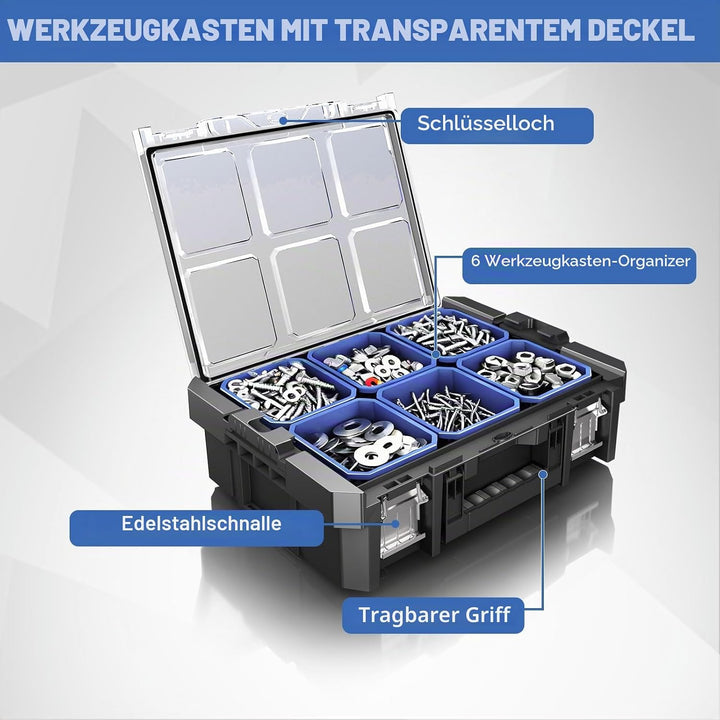 AIRAJ 43 CM Werkzeugkoffer mit transparentem Deckel,Stapelbarer Werkzeugkoffer Leer,Modulare Werkzeu