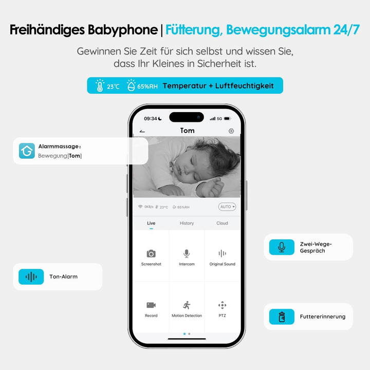 ieGeek Babyphone mit Kamera 1080P, 5 Zoll WLAN Video babyfone PTZ 360° mit APP, 4-Fach Zoom, Zonenal