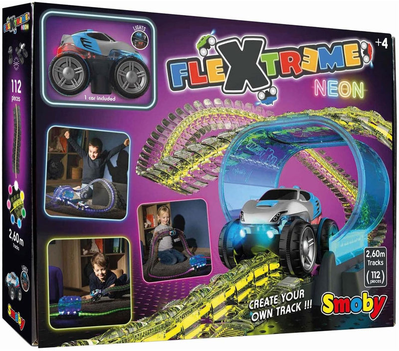 Smoby Toys - FleXtreme Neon Kinder-Rennbahn - flexible Autorennbahn ab 4 Jahren mit spektakulären Li