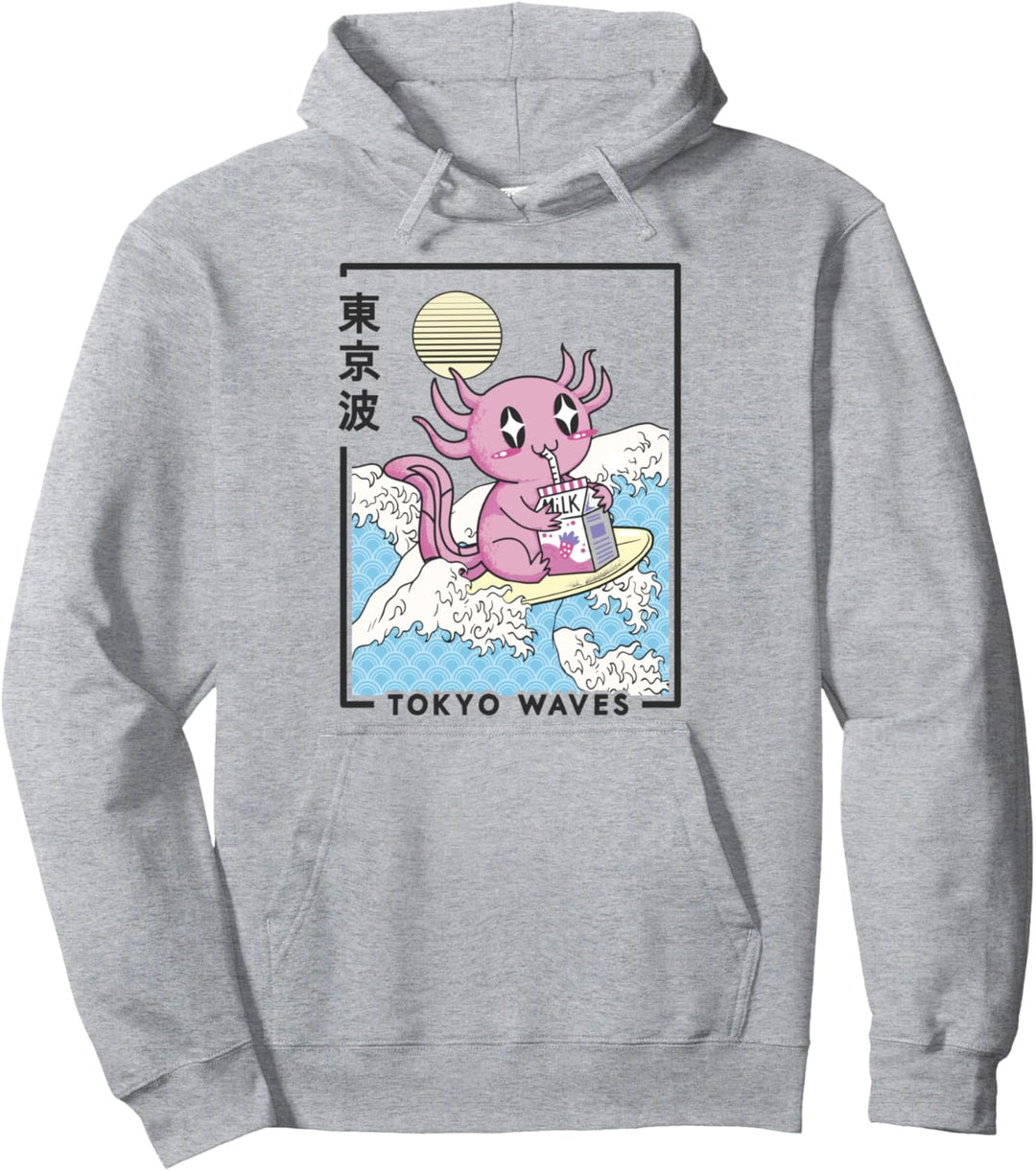Axolotl Erdbeermilch, japanische Wellen, Kawaii, ästhetisch Pullover Hoodie